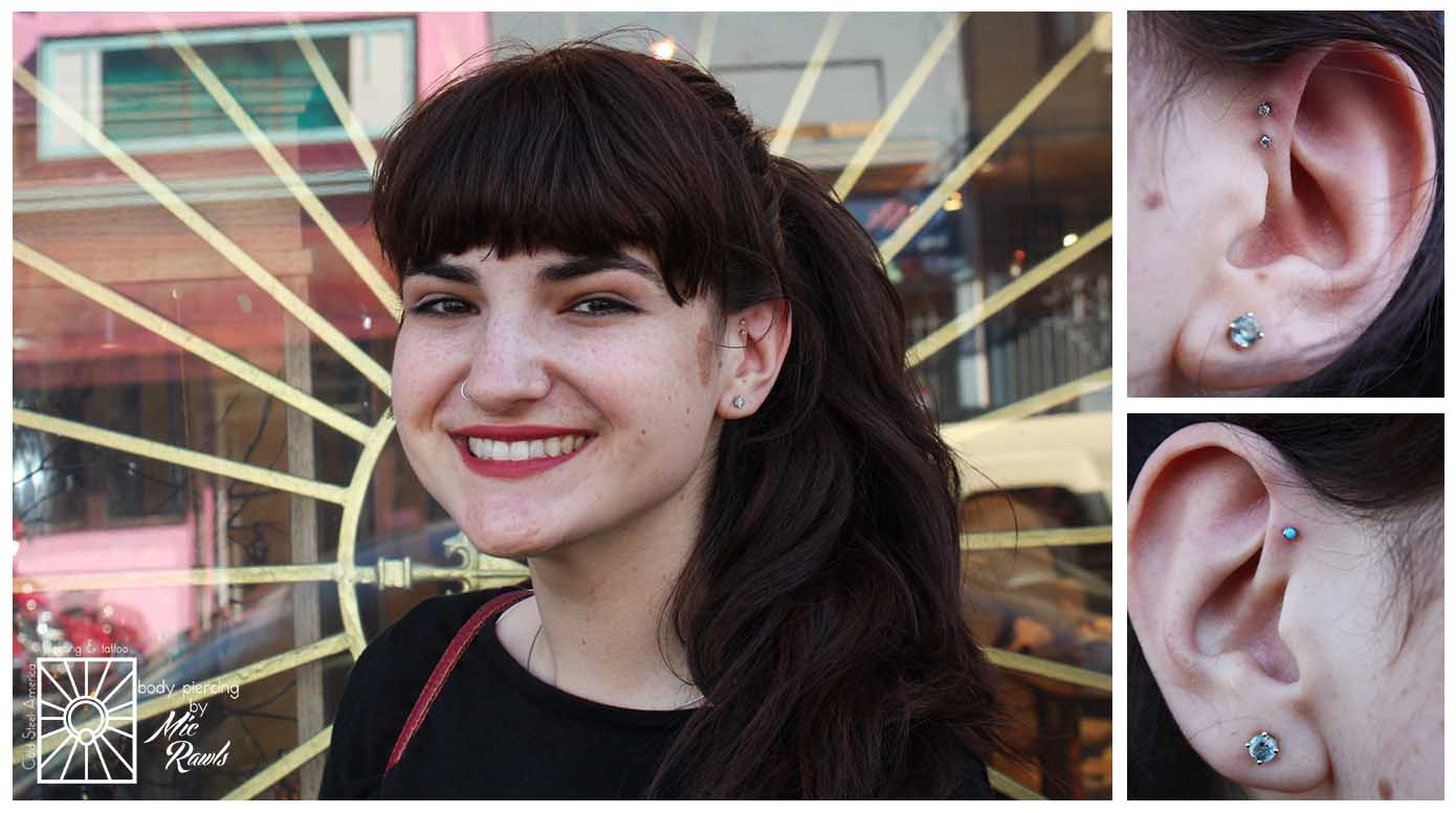 Three fresh forward helix piercings for this beautiful young lady! Titanium jewelry from NeoMetal.