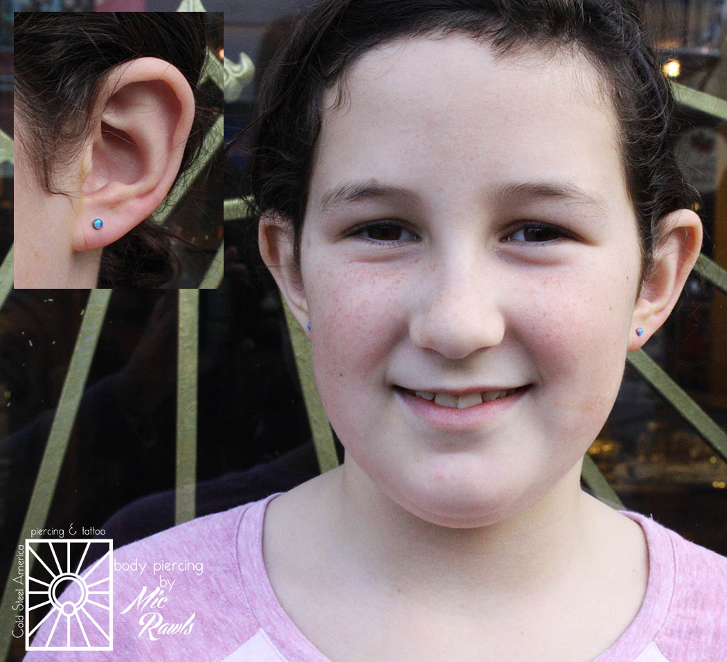 We love our younger clients! This fantastic gal chose these wonderful 3mm synthetic Capri Blue Opals for her 18g (1mm) implant-grade titanium push-pin barbells from NeoMetal.