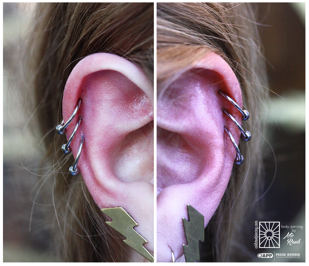 Putting those matching skills to work! Mic did these six helix piercings on a lovely lady the other day, and we are so excited with how good they look! We always appreciate a good challenge.