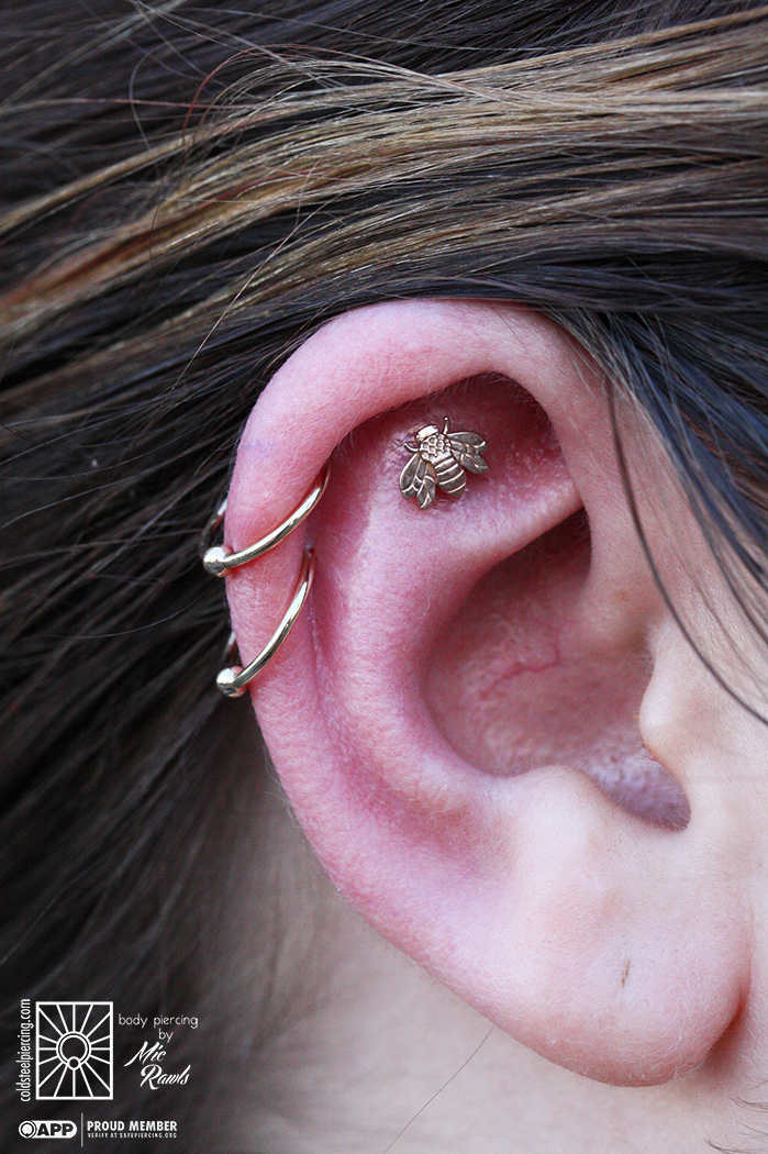We just love how popular these super cute gold bumble bee ends have been with our wonderful clients! Three fresh helix piercings, all wearing solid gold from Body Gems and Body Vision Los Angeles. What a great combination!