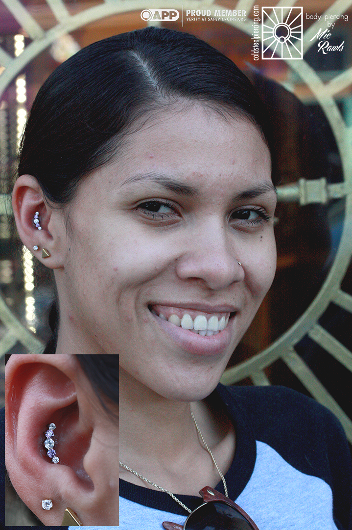 Have we mentioned that we LOVE conch piercings? Such a great placement for really showcasing some beautiful jewelry, like this ka-blingin titanium "Prium" cluster from Industrial Strength, Drop in and see what sort of fun stuff we have to offer those ears of yours!