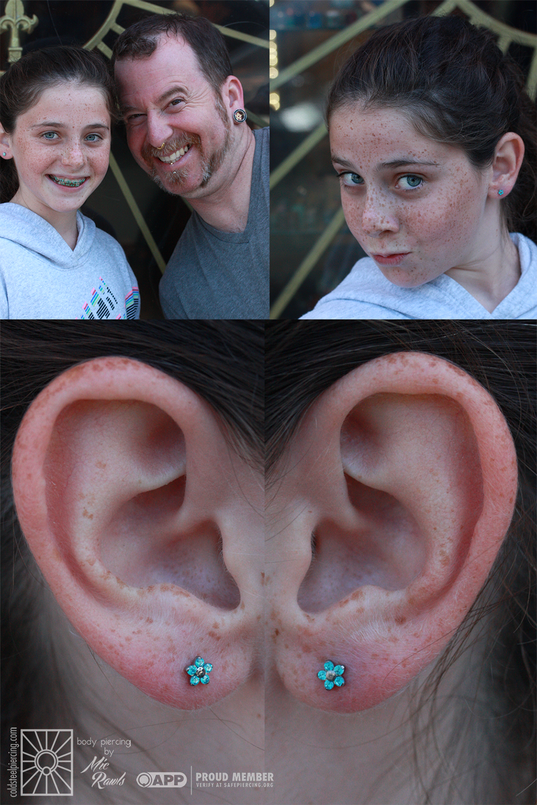 We got to do some earlobe piercings on this sassy young lady the other day, and she was just fantastic. We also love these beautiful flower ends she chose - and they even match her braces! Jewelry from NeoMetal.