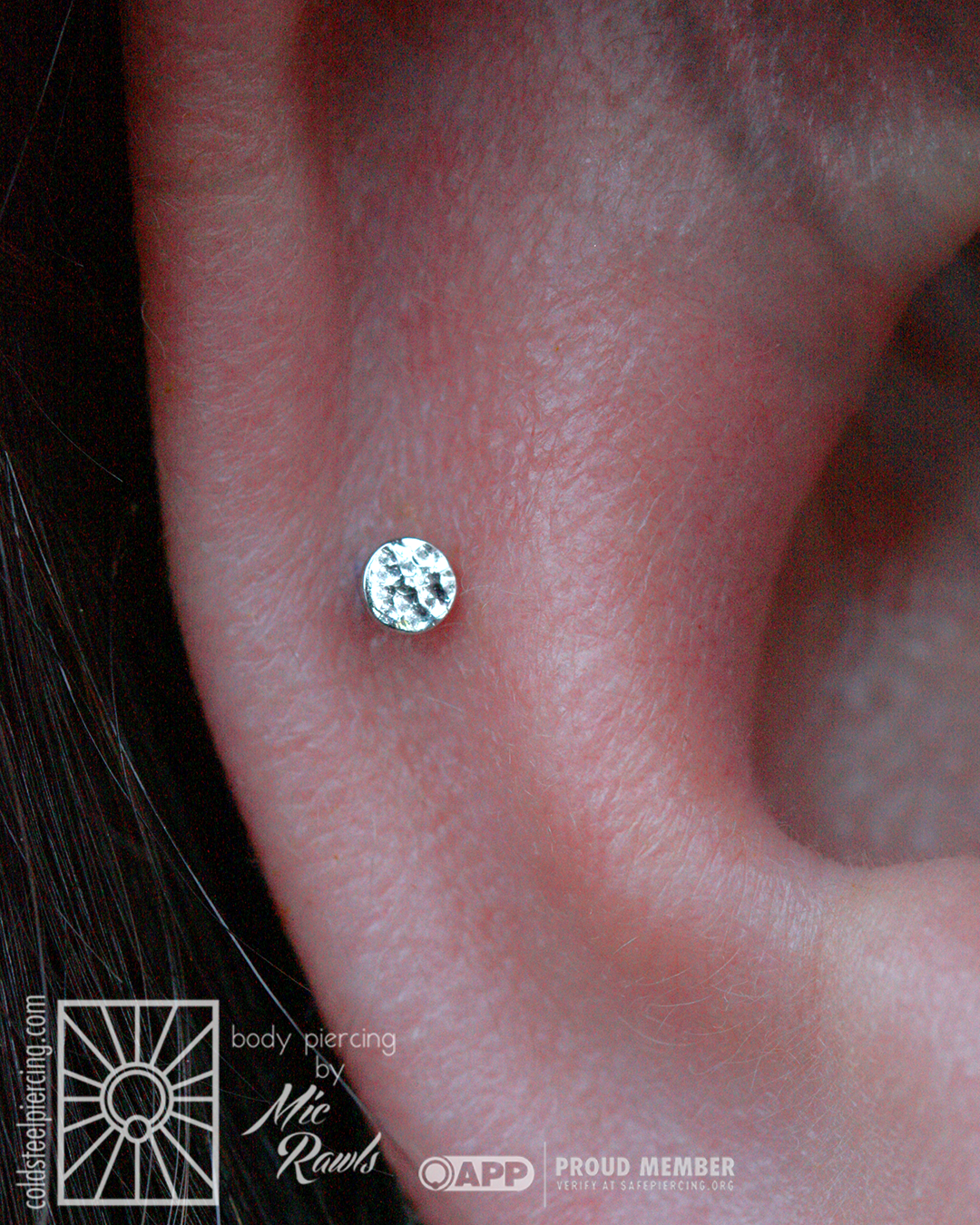 Fresh helix piercing showing off a super cute white gold hammered disk from Body Vision Los Angeles - we love these for adding a little shimmer and texture!