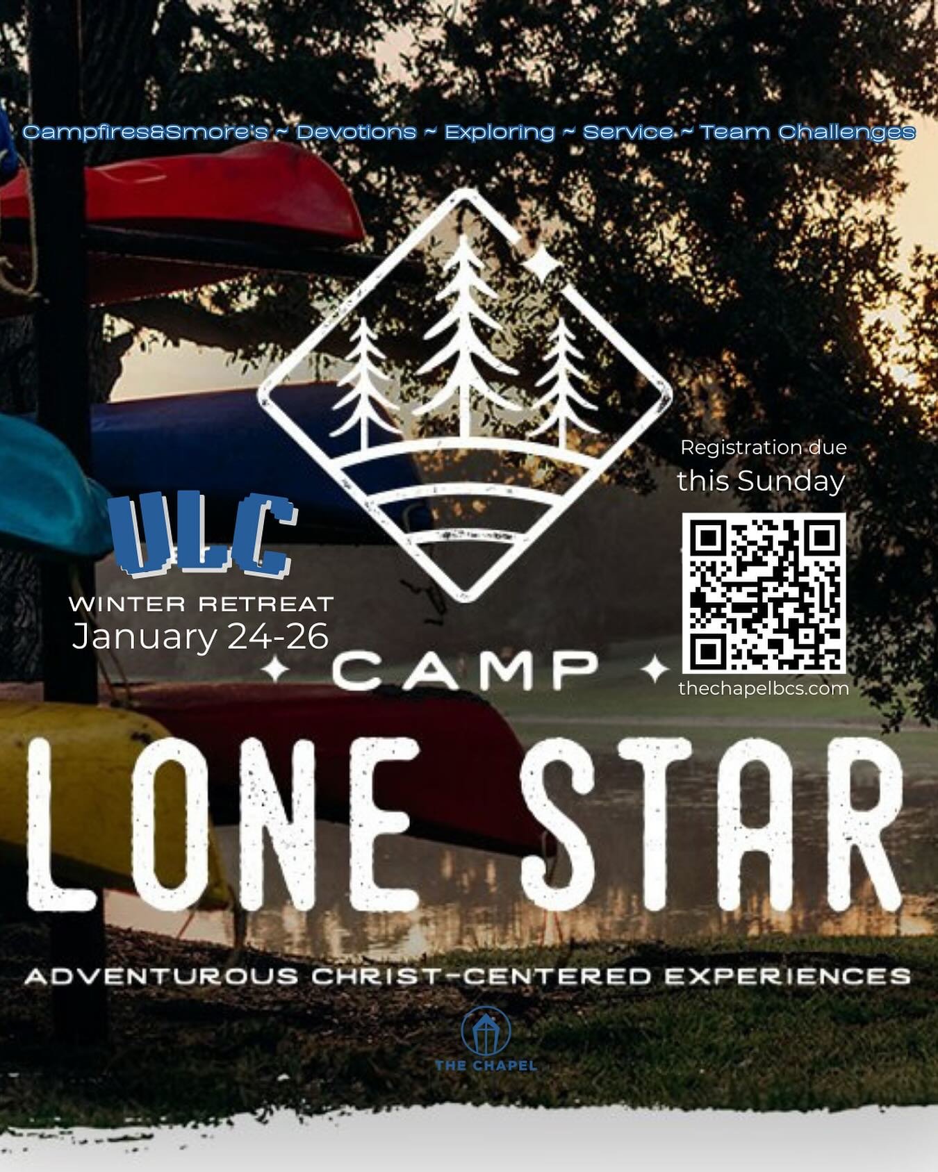 Are you wanting to go on a winter retreat?!?

We have the perfect thing for you!

Register for Camp Lone Star, with ULC! 
Register by Sunday night to join us on this winter retreat, January 24th-26th! Scan the QR code above to register, pay, and get 