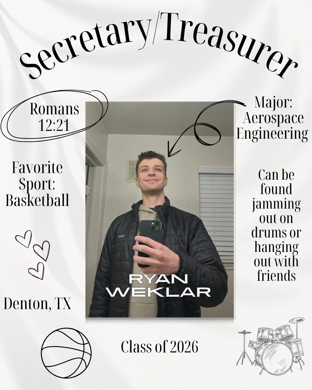 Meet one of our officers for Lutheran Student Fellowship this year!
Ryan is from Denton, Texas, and he&rsquo;s majoring in Aerospace Engineering. When he&rsquo;s not studying, you&rsquo;ll probably find him playing basketball, on the drums, or hangin