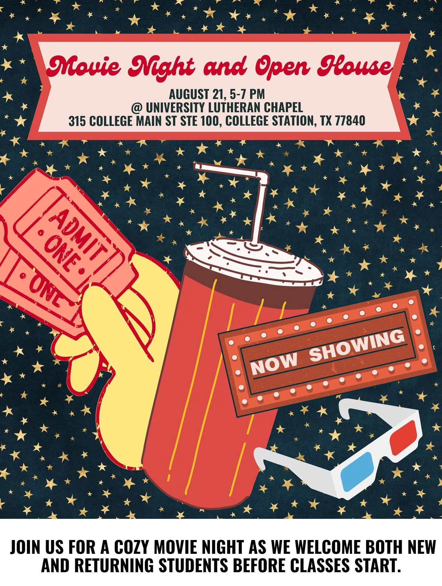 Kick off the semester with our Open House + Movie Night at the Chapel! Whether you&rsquo;re a brand-new Aggie or back for another year, come tour the space, meet friends, and enjoy popcorn &amp; a great film before classes start.