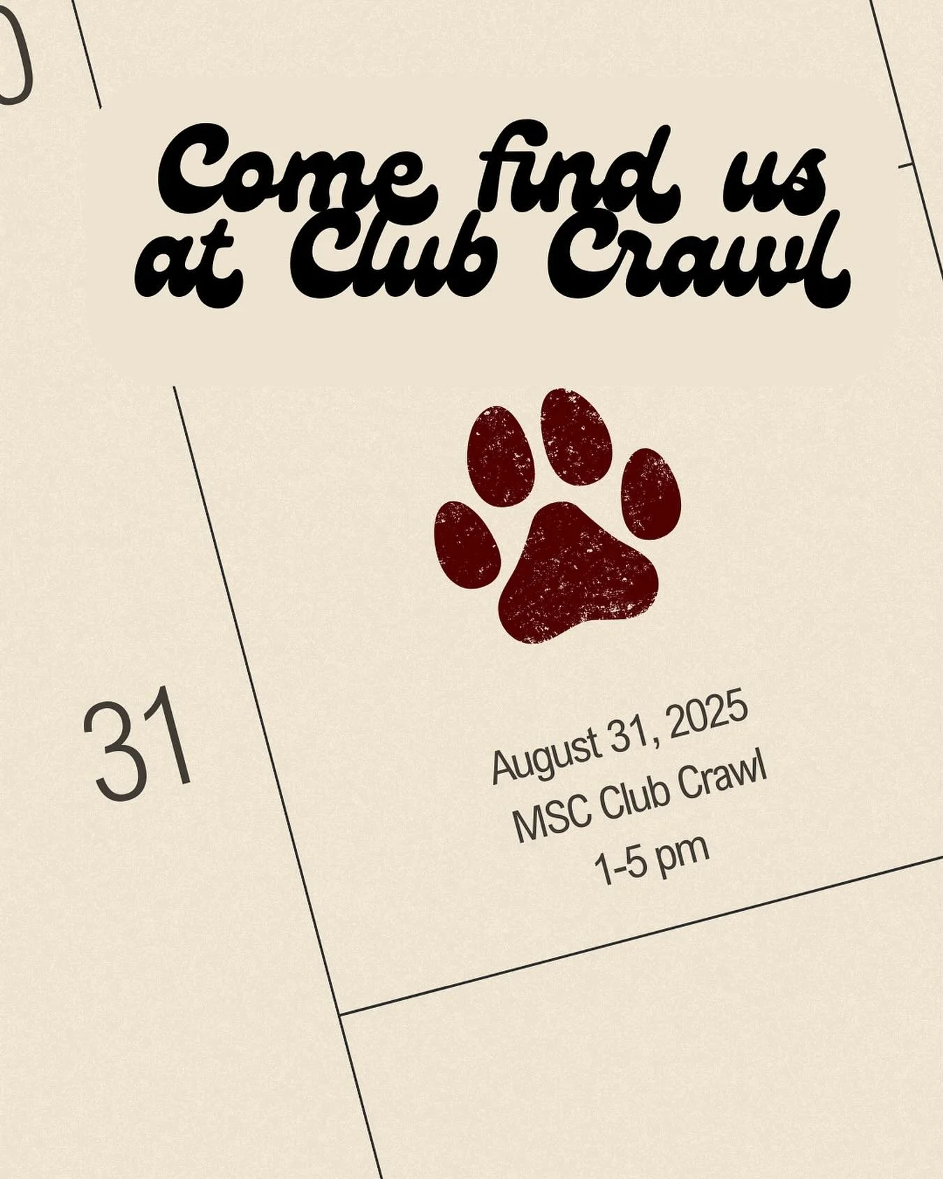 Come find us at Club Crawl in the Bethancpurt Ballroom at MSC Sunday 1-5 pm. We&rsquo;d love to talk to you