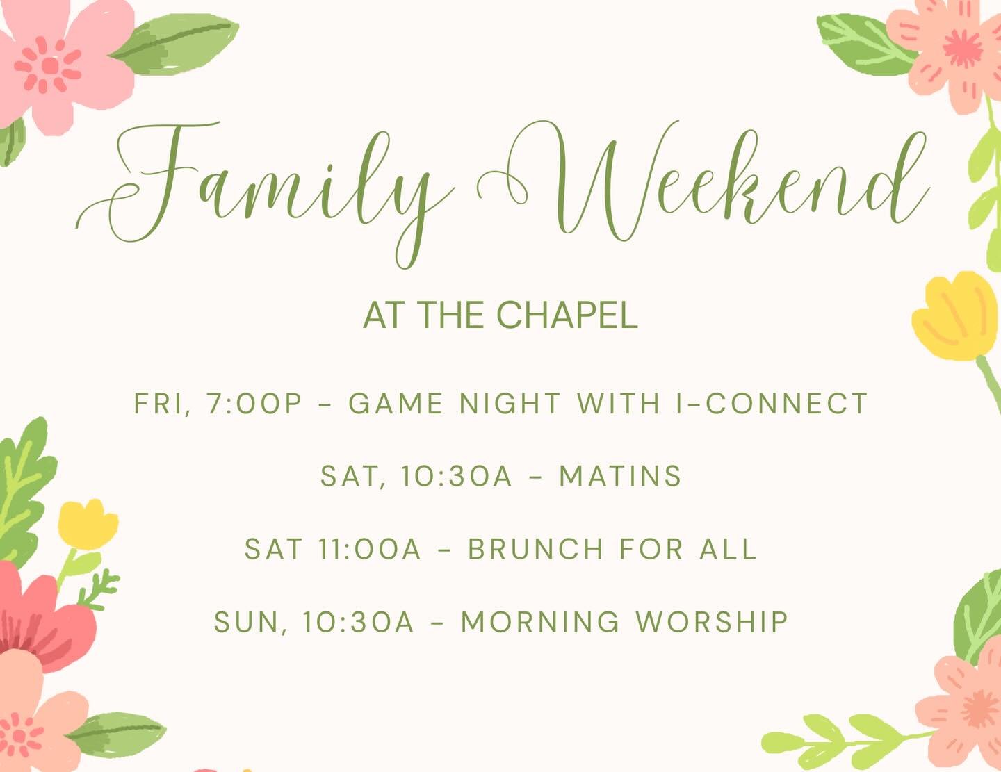 Game night today and brunch tomorrow 🥞 We&rsquo;re excited to see you this weekend! If you have family in town, bring them too! We&rsquo;d love to have them join us!