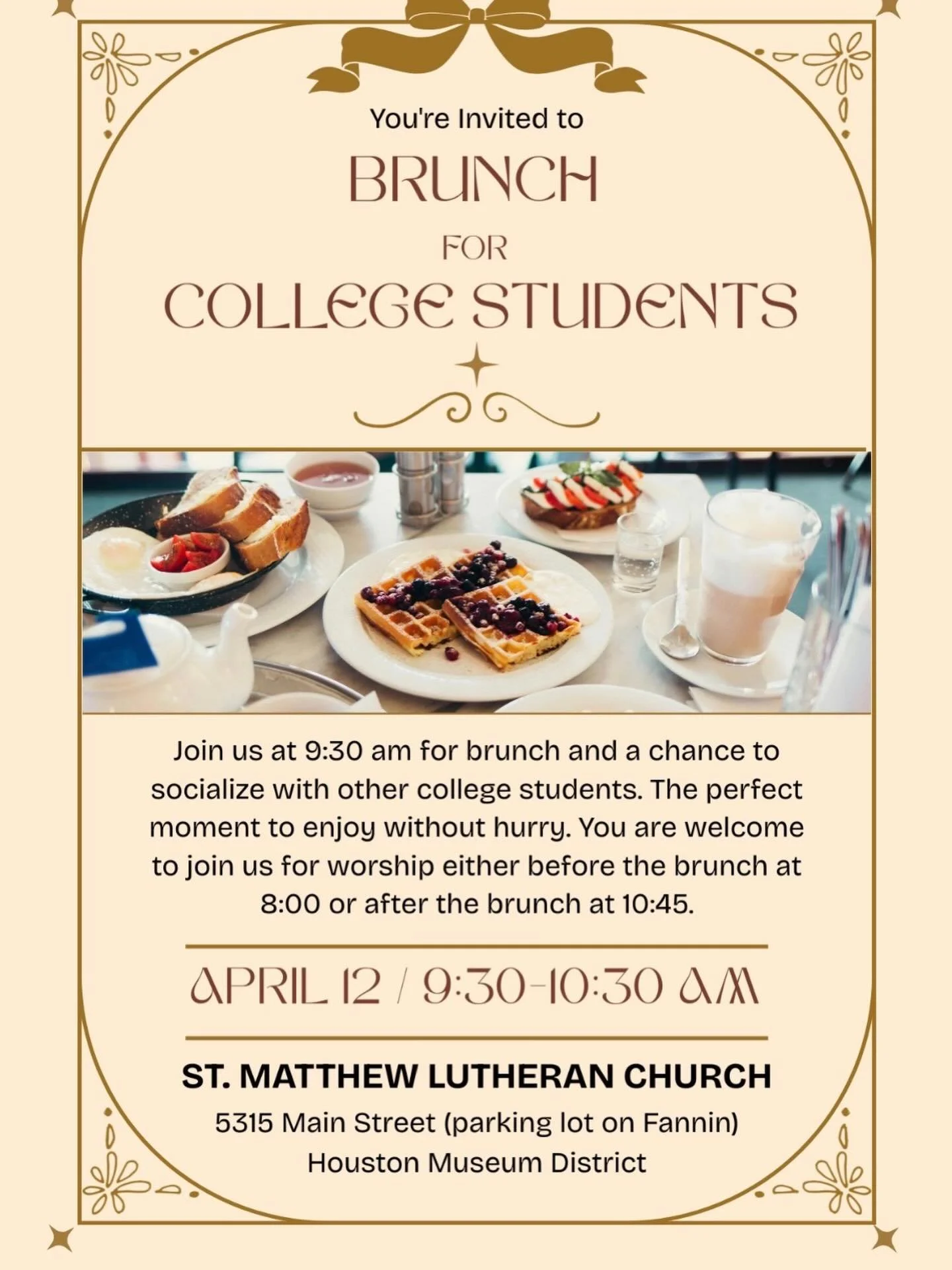 Help us find current students at the University of Houston, at Texas Southern, or at Rice! Our partner congregation is hosting a brunch this Sunday just for them! We&rsquo;d love your help and recommendation to get great things going at UH and nearby
