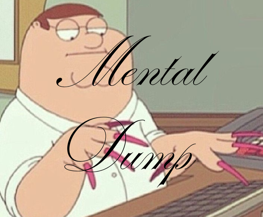Cartoon character from Family Guy with pink fingernails and holding chopsticks, overlaid with the words 'Mental Dumb' in ornamental script.