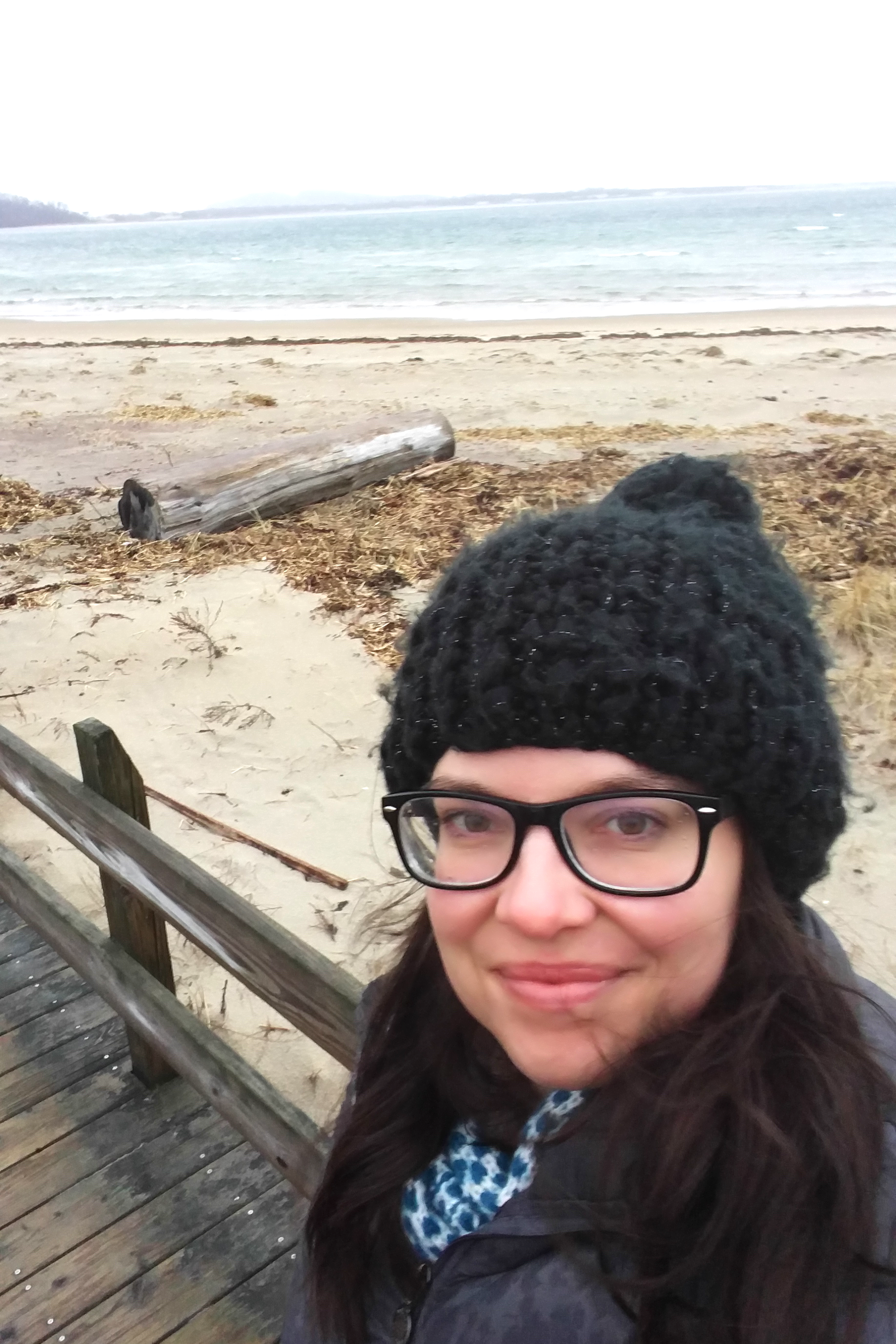 630am. No makeup, still half in my pajamas, but there I am with some coffee, the beach and the sunrise in the cold New England rain.