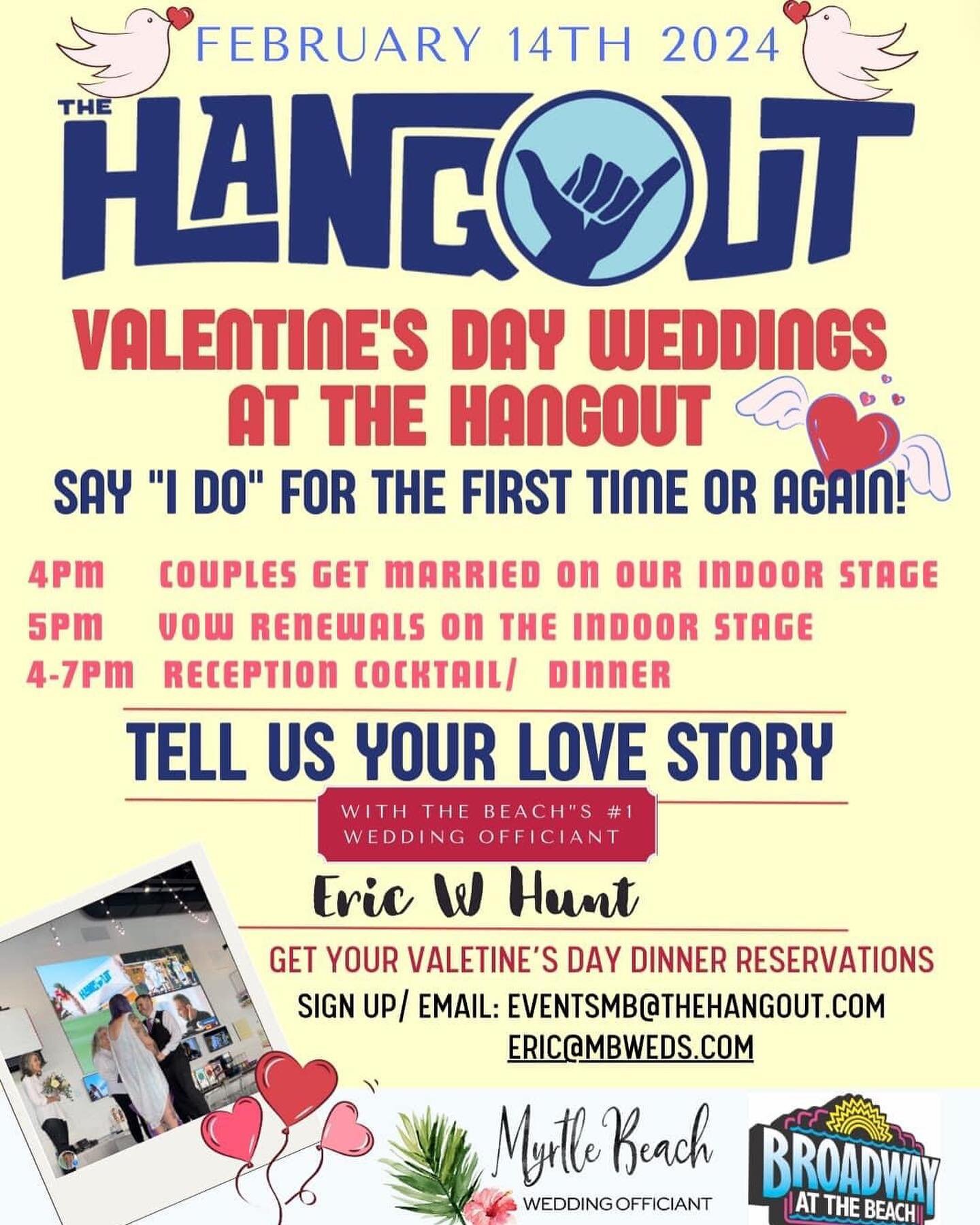 Looking for something to do on Valentine&rsquo;s Day? How about saying &ldquo;I Do,&rdquo; and making it your anniversary or renewing your wedding vows? Join me and the crew @thehangoutmb for an evening filled with LOVE. DM or email for more info. ❤️