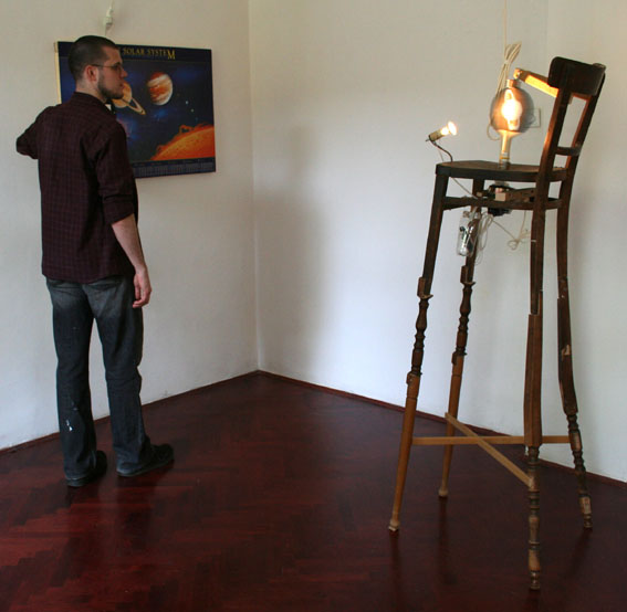 Green Uranus Switch found chairs, motor, ping-pong paddles, light, poster, switch dimensions variable installation in Nano Gallery, Croatia 2009