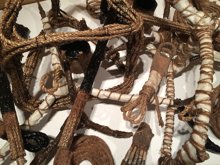 SHIPWRECK (detail) manila rope, sawdust, india ink, wire, canvas, burlap, jute, polyester resin group of small works, dimensions variable installation at Ramon's Tailor 2016