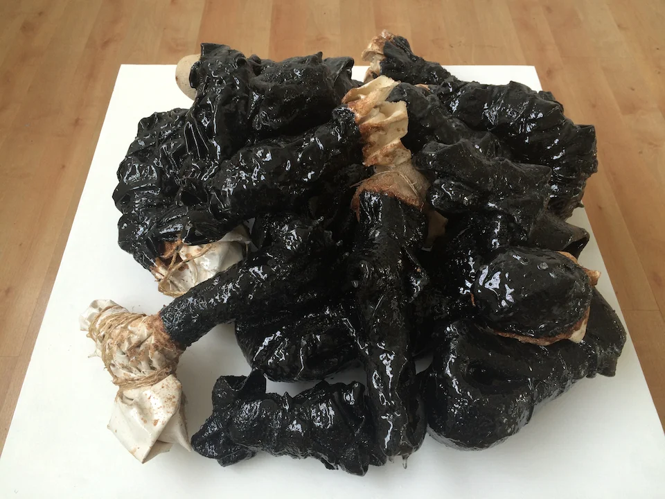 SCAT canvas, burlap, jute, sawdust, india ink, polyester resin 26" x 26" x 10" installation at Artworks Foundry Gallery 2016