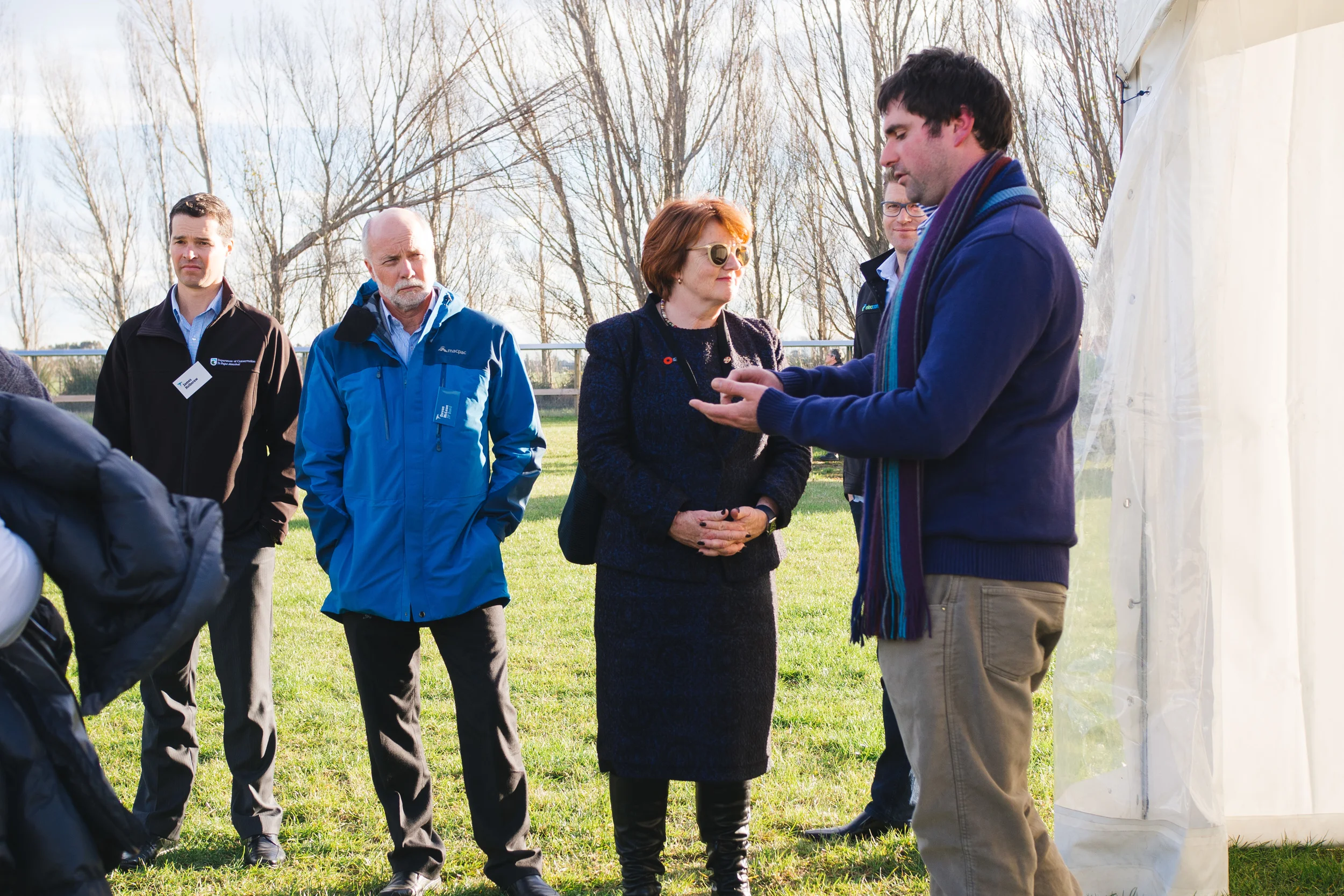 L-R: James Holborow (DOC), Devon McLean, Hon Maggie Barry, Stuart Pearson (Eleccom Design Limited), Tim Sjoberg (ZIP Animal Behaviour Technician)