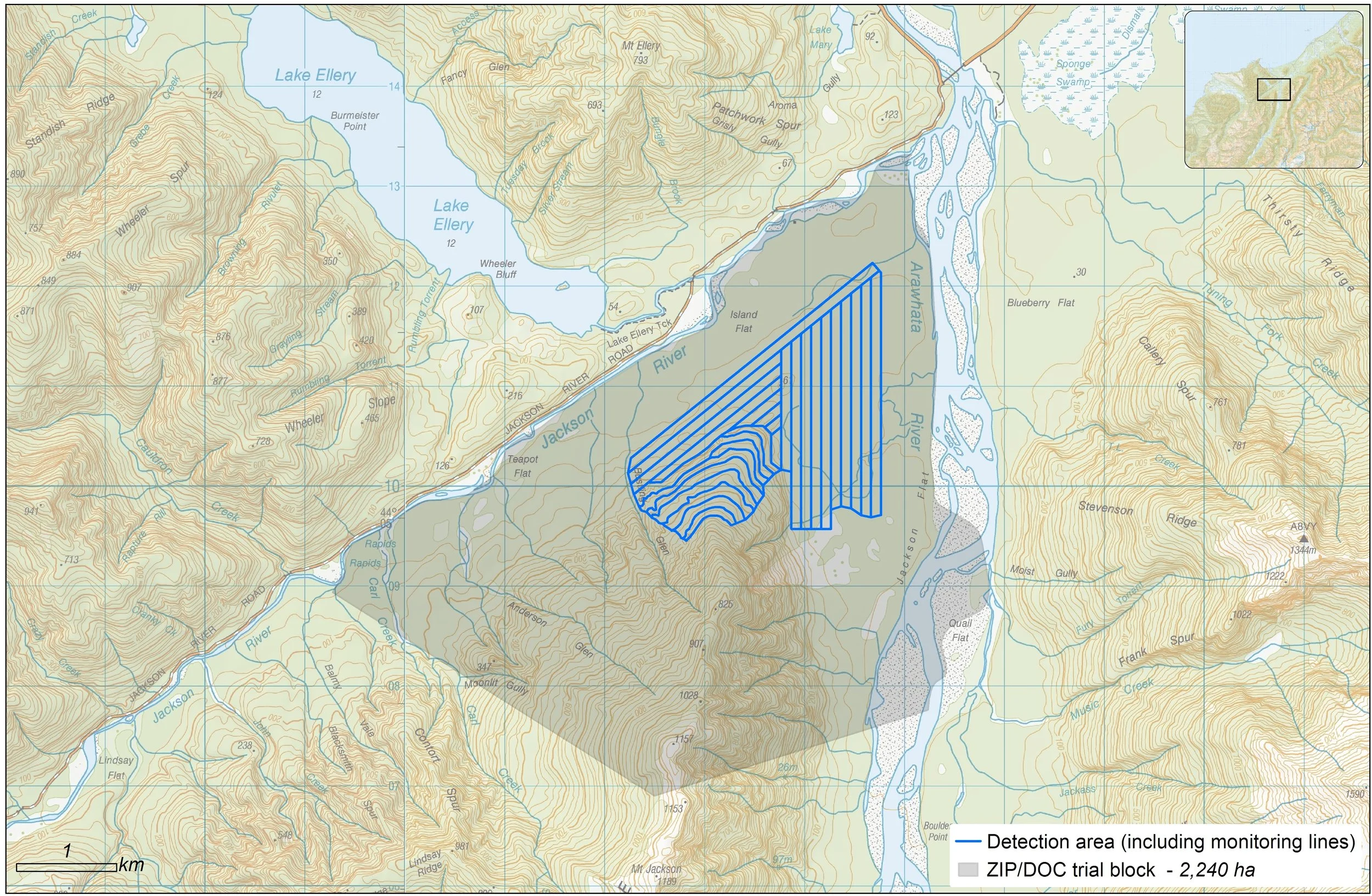 Map of the trial site, showing the aerial 1080 treatment area and the location of the detection area and monitoring lines within it.