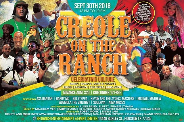 @Regrann from @houstonafrocreolefest - Heavy line up for #creoleontheranch September 30th.  Purchase your tickets early before prices go up.  It's only $20 now and kids 12 and below are free. 
www.houstonafrocreolefest.com  or call 281-657-7355. 
MUS