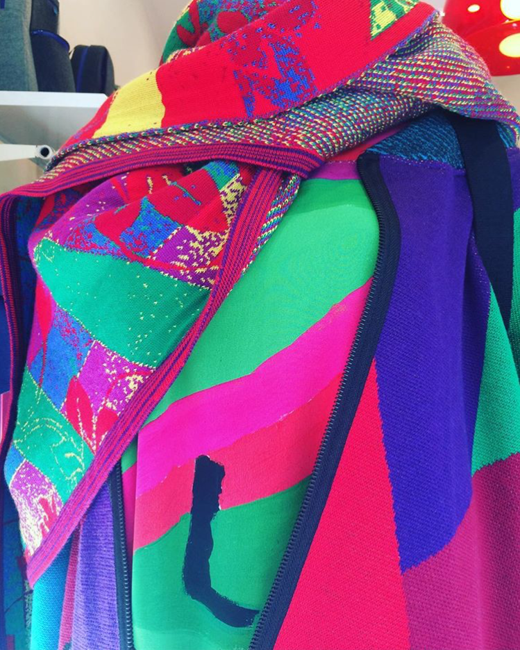 Picasso head dress, bright wool wrap & diamond knit cardigan.