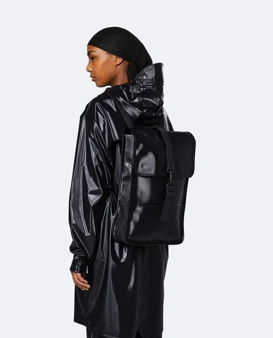 shiny black backpack