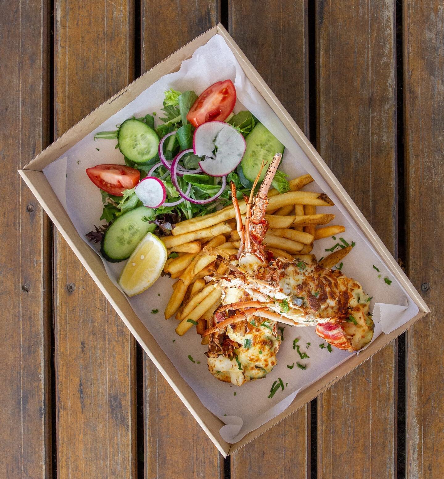 TAKEAWAY LOBSTER BOX: 2 (yes, TWO!) half lobsters in our signature Waterfront Store Champagne bechamel with a side salad, chips + a complimentary bottle of house wine. Available to order online from our site: waterfrontstore.com.au (link in bio)