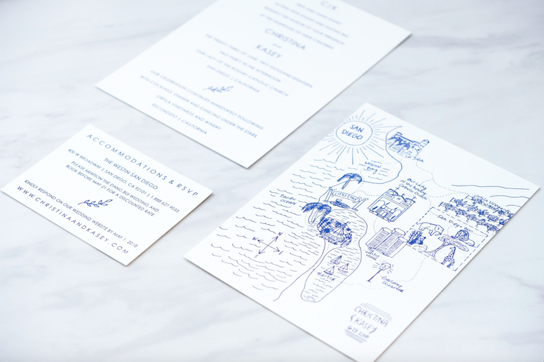 Christina and Kasey are planning a destination wedding in San Diego this June. Both Houston natives, they are excited to show their friends and family a good time throughout the wedding weekend, so we designed a custom map with the wedding venue, a Catholic church in downtown San Diego followed by a vineyard in Escondida, as well as all the other highlights, from the zoo to La Jolla and Coronado.