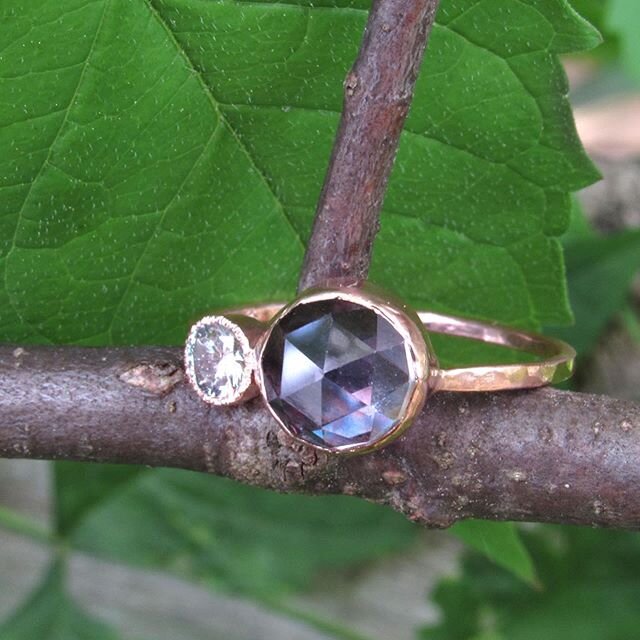 For this custom ring we worked with our customer to upgrade their engagement ring and incorporate a beautiful color changing lab alexandrite along with their diamond. It&rsquo;s impossible to capture on camera the depth and color shifts that this sto