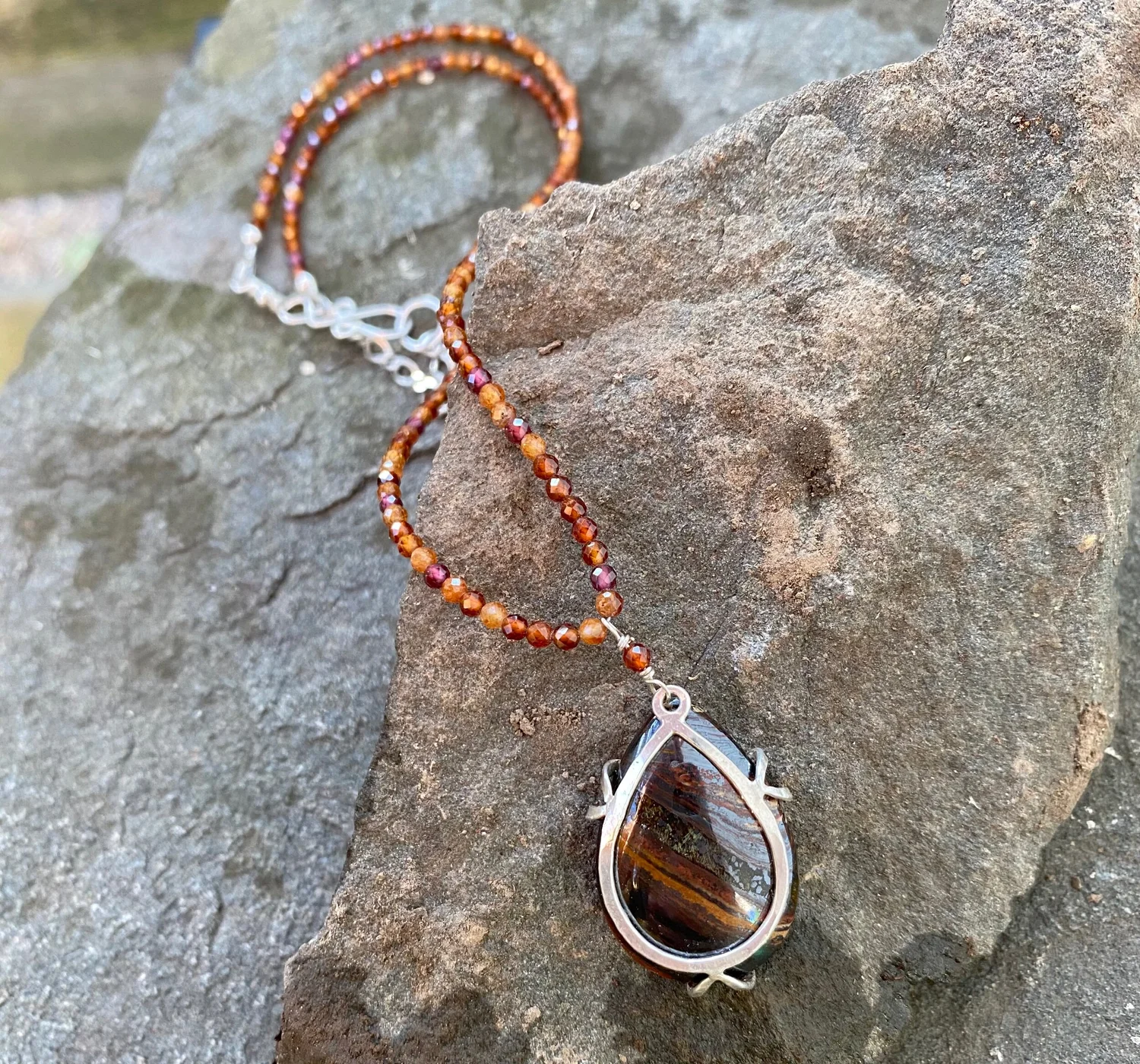 Tiger Iron and Garnet Teardrop Embrace Necklace J Bliss Studios