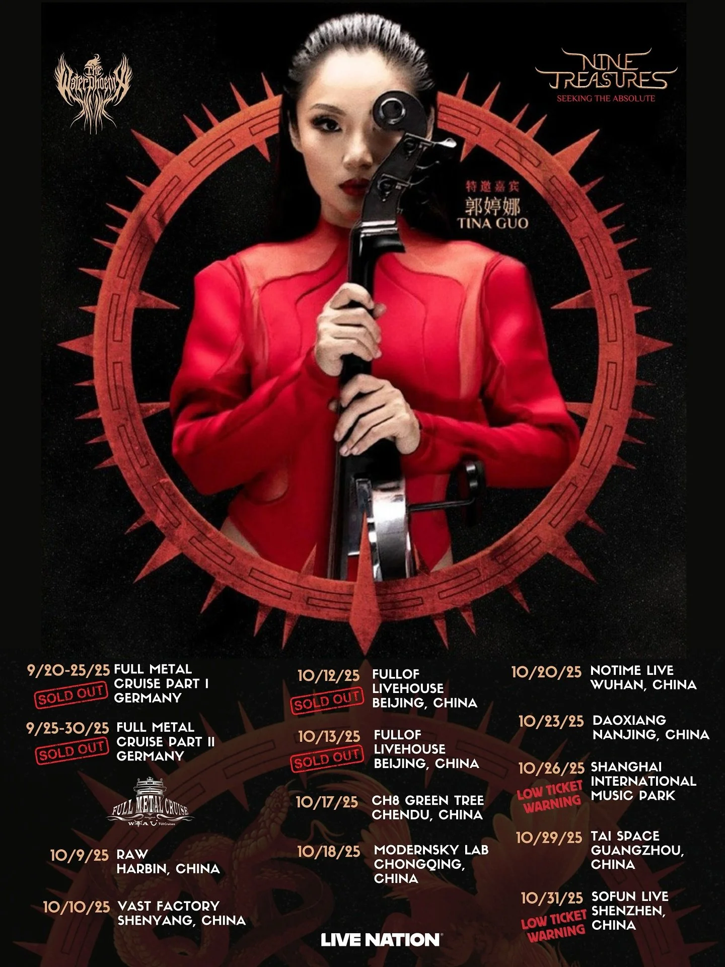 I&rsquo;m going on tour with my solo project &amp; @thewaterphoenixofficial 😱 ❤️🙏🏼
9/20-9/25 Full Metal Cruise Part I Germany SOLD OUT
9/25-9/30 Full Metal Cruise Part II Germany SOLD OUT

10/9 Harbin, China @ Raw
10/10 Shengyang, China @ Vast Fac