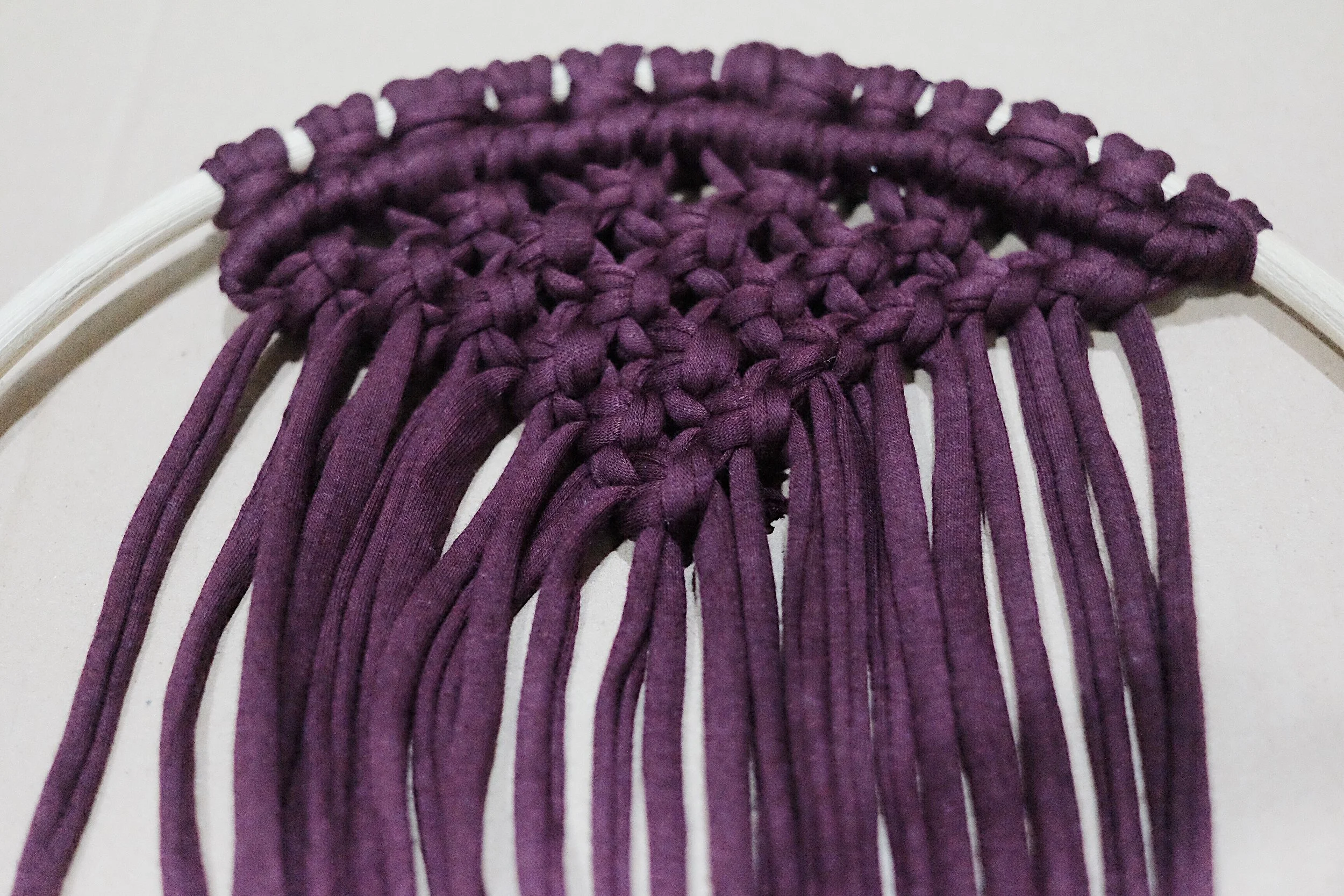 Noted: *Using the strand of yarn that is furthest to the left (holding cord), place it horizontally over (from left to right) all other strands (working cords). *Progressing from left to right, tie double half hitches with the remaining working cord to get a row of knots. 