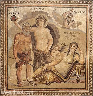 ARIADNE was the immortal wife of the wine-god Dionysos . In Greek vase painting Ariadne is often depicted alongside Dionysos--either feasting with the gods of Olympos or in Bacchic scenes surrounded by dancing Satyroi (Satyrs) and Mainades. Dionysos' discovery of the sleeping Ariadne on Naxos was also a popular scene in classical art.