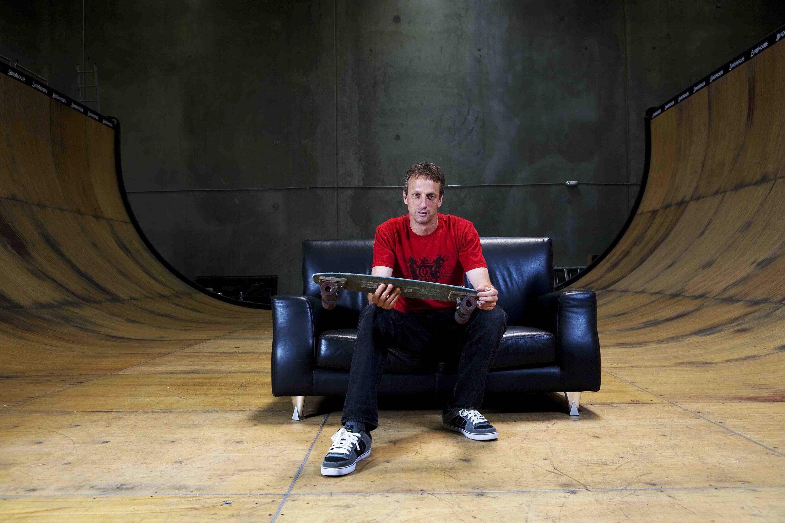 Tony Hawk with his first skate - a Bahne, a gift from his brother Steve.