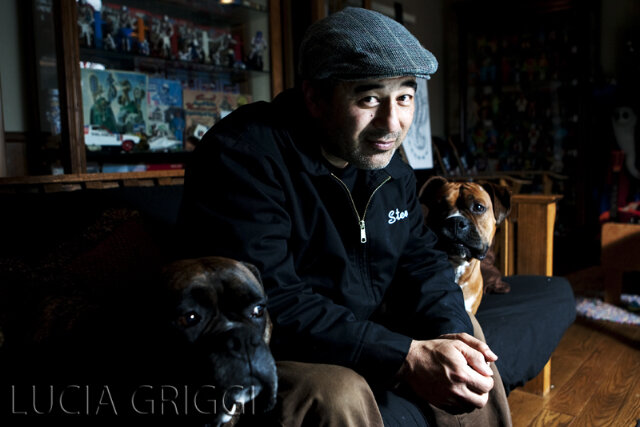 You know how they say animals sometimes start to look like their owners? Steve Caballero at home with his pups.