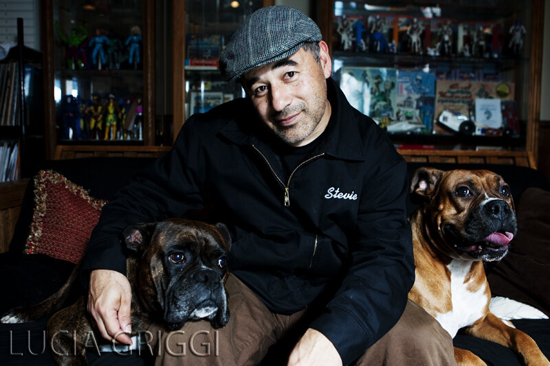 Caballero at home in the Santa Clara Valley, surrounded by trophies and collectibles.