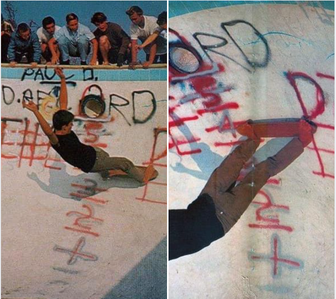 Herbie skating a pool in 1965, on clay wheels, in color. The Juice Magazine caption reads: "Unknown skater (Herbie Fletcher?)at Foxtail Park pool near Santa Monica circa March 1965. Photo: Stoner: