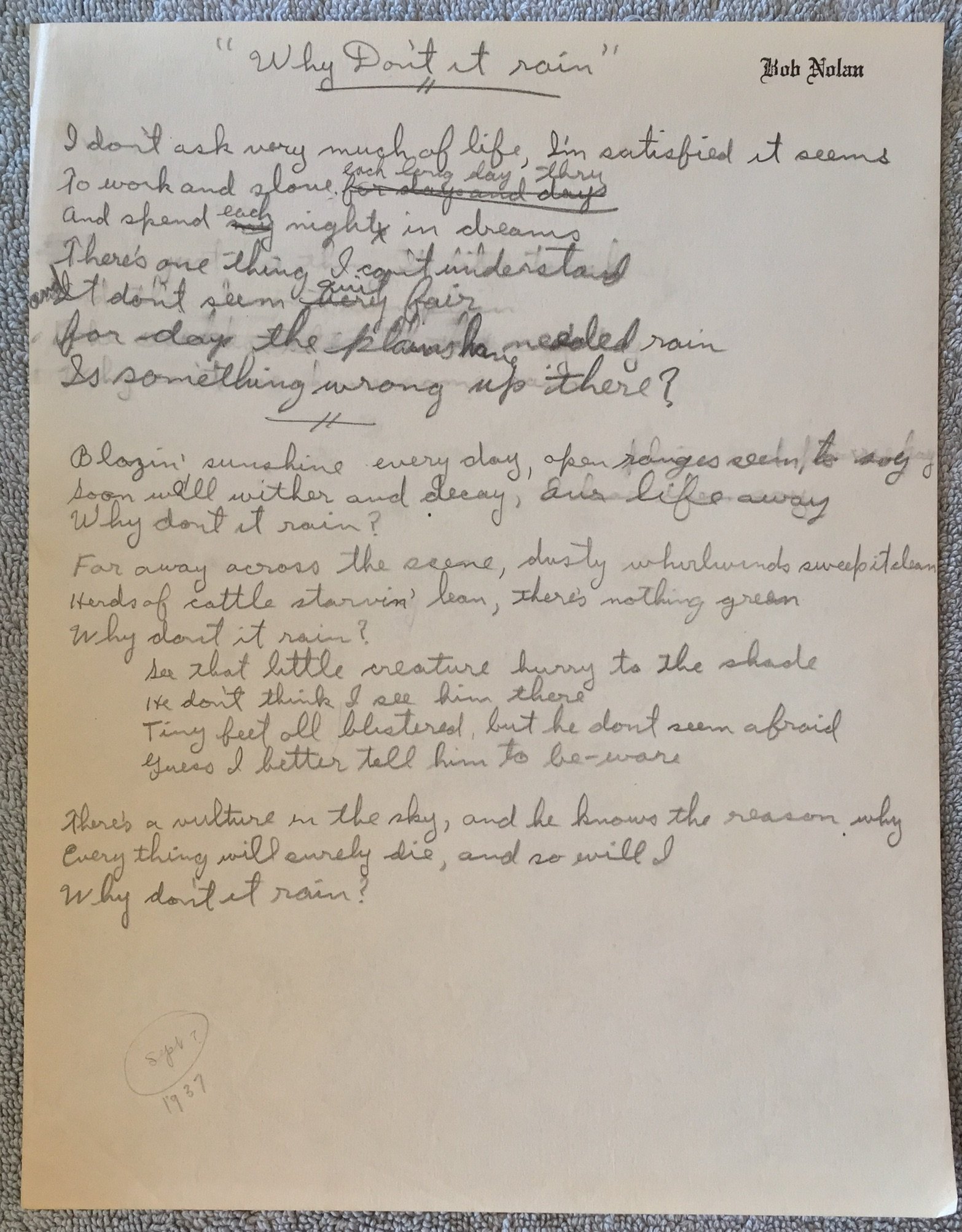 Lynch collection - Bob Nolan Why dont it rain lyrics pencil Bob Nolan - image7 - 5-21-2022.jpeg