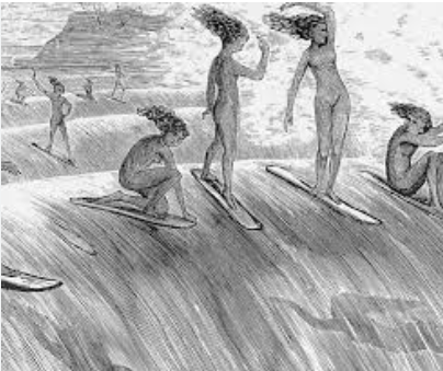 Surfing thriough the lens - etching of hawaiian women surfing naked  - 11-12-2025.png