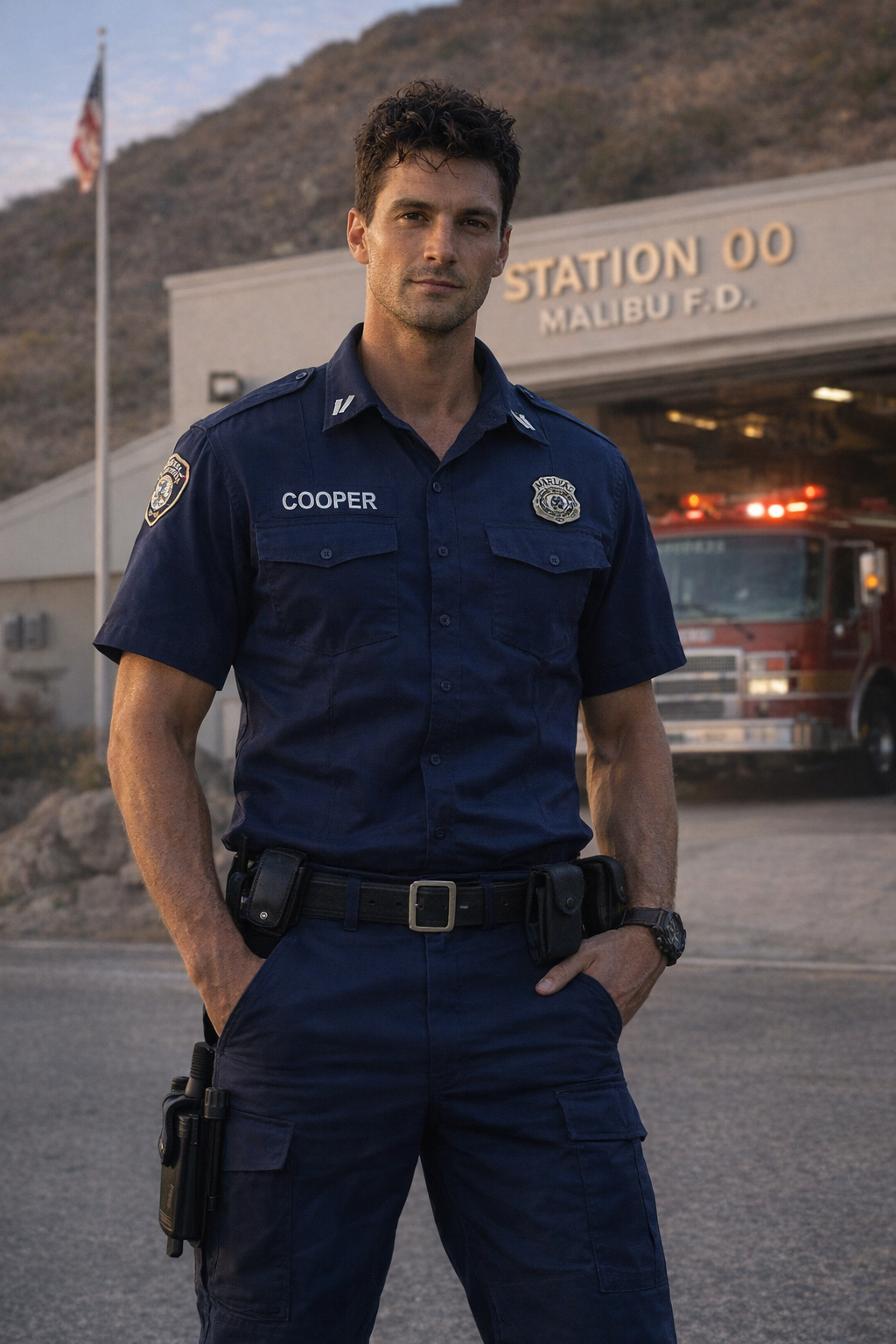 Malibu Fire - Cooper in uniform golden hour light pretty good station 00 - 1-8-2026.png