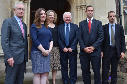 left to right: Professor Hugh Brady, Vice-Chancellor; Megan and Nuala Smith, daughter and wife of the late Professor David Smith; Emeritus Professor Joe McGeehan; Professor Tom Scott, co-director of the South West Nuclear Hub and Professor David Knowles, co-director (engineering) of the South West Nuclear Hub.   Image credit:&nbsp;  Richard Cottle