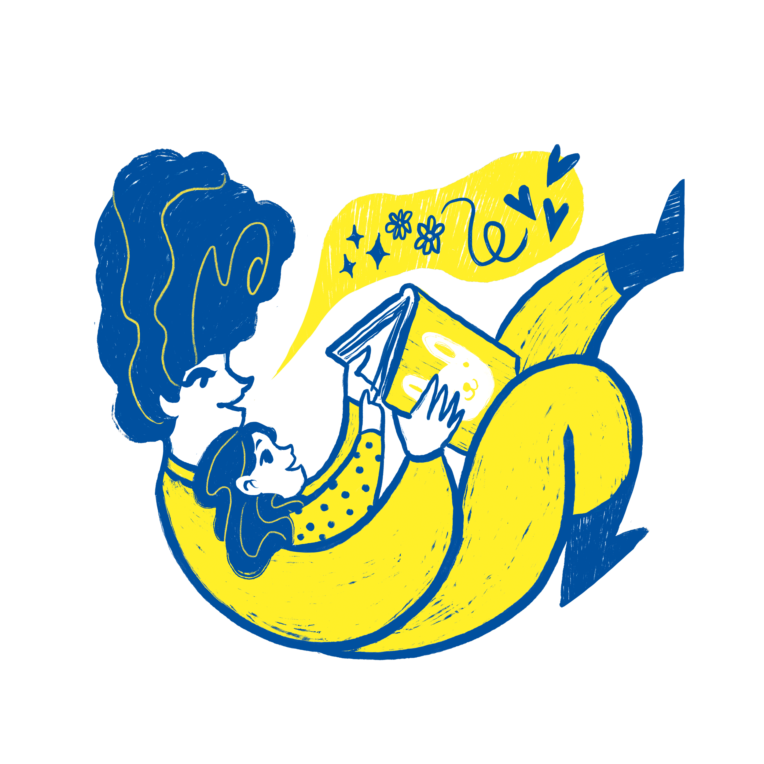 Piirros, jossa lapsi ja aikuinen lukevat kirjaa sylikkäin.