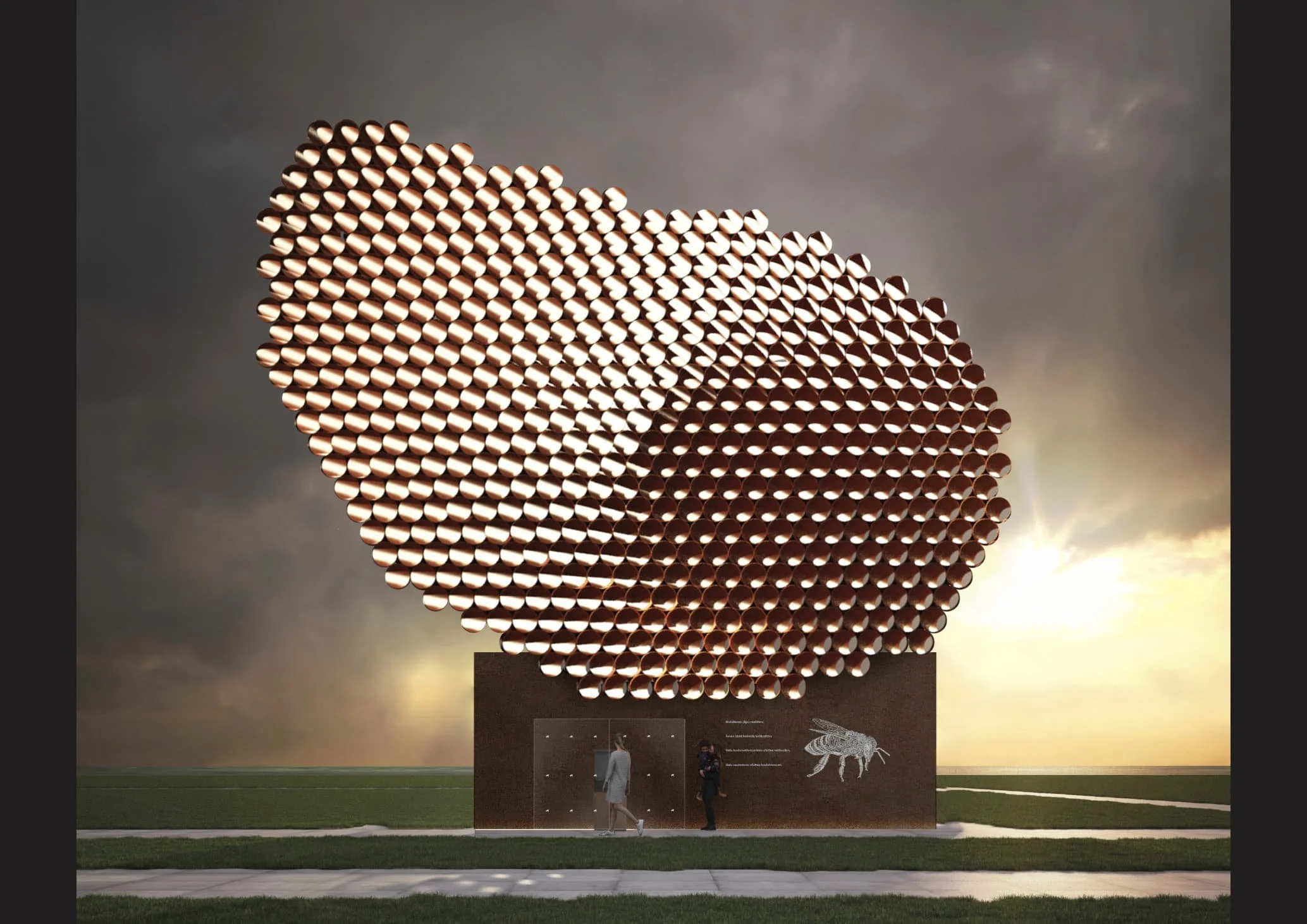 Suurikokoinen taideteos muistuttaa mehiläiskennoa.