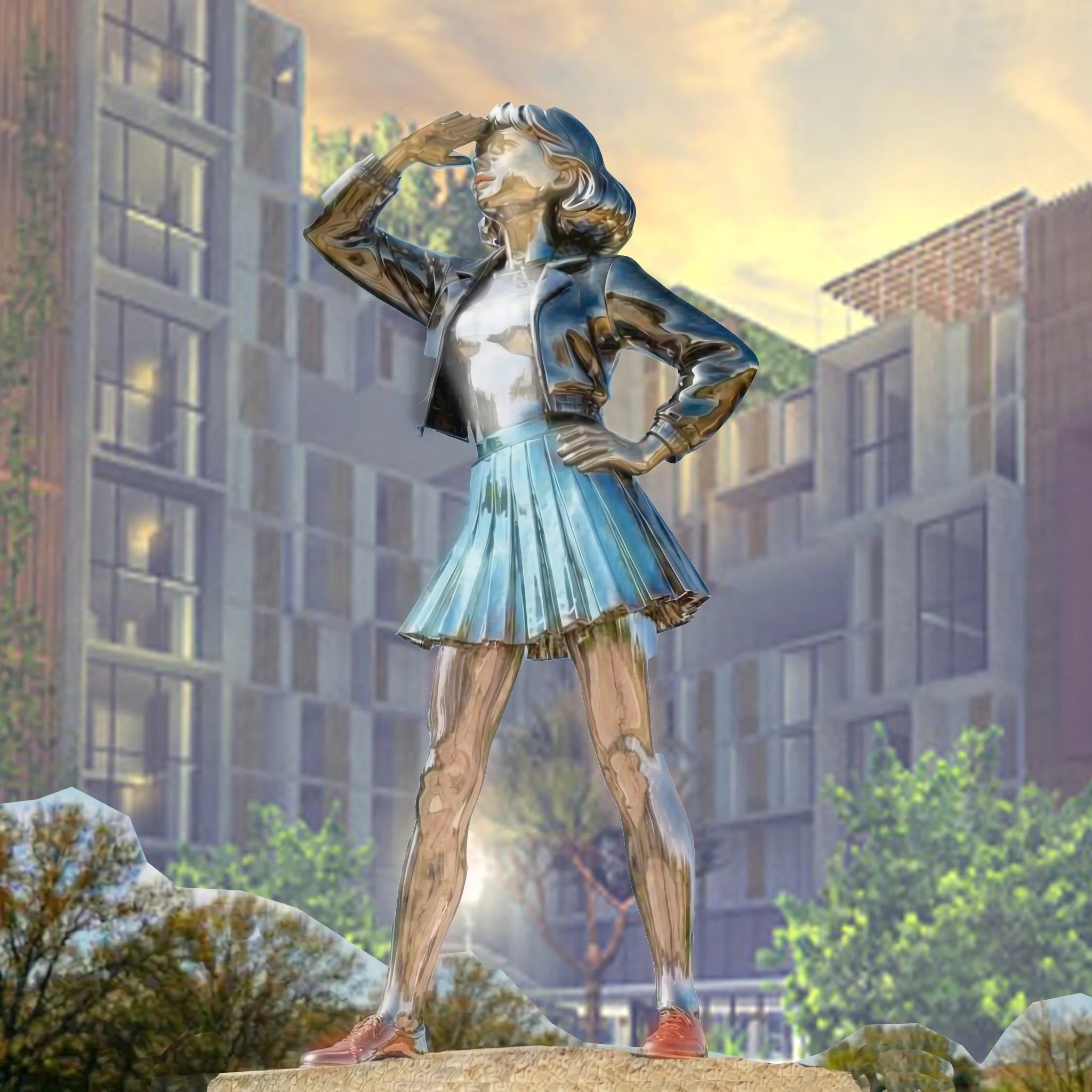 Metallinen veistos nuoresta naisesta, joka katsoo horisonttiin käsi silmien yläpuolelle kohotettuna, hänellä on yllään nahkatakki ja vekkihame, digitaalinen luonnoskuva.