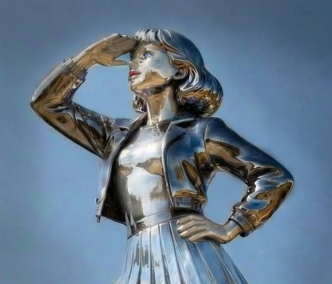 Hopeanvärinen veistos nuoresta naisesta, joka katsoo horisonttiin käsi silmien yläpuolelle kohotettuna, luonnoskuva.