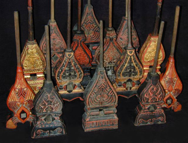 Pairs of painted and lacquered wood weft tying stands, Cambodia,