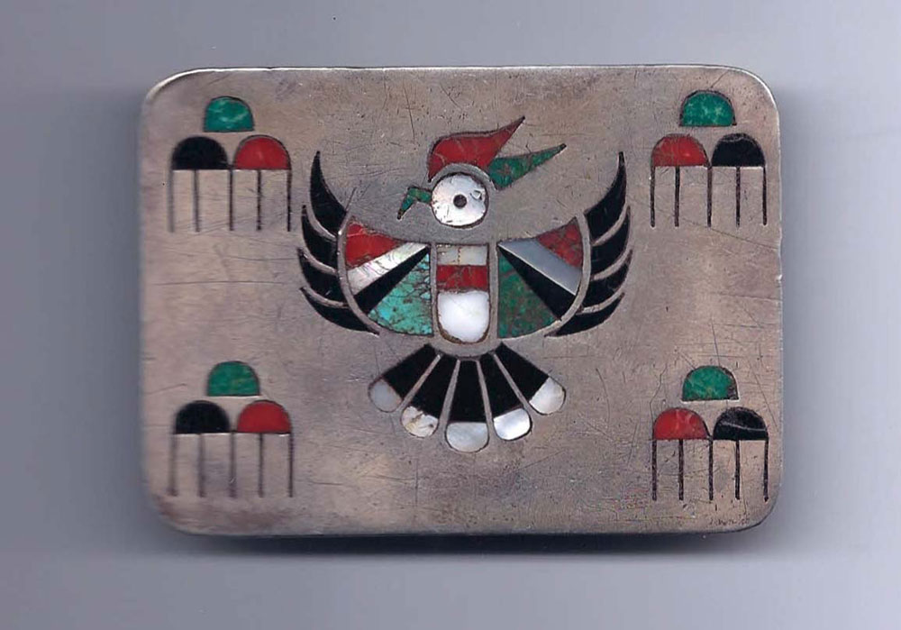 Zuni silver inlay belt buckle, U.S., 