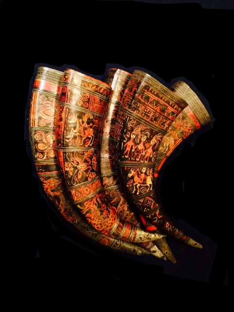 Hmong (Miao) painted buffalo horn drinking vessels, South China, 19th century.
