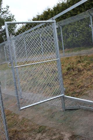 Her er flere luftegårder sikret med netting. Legg også merke til at døren er hevet over bakken. Foto: Marit Emilie Buseth