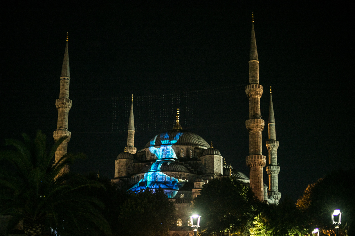 The Blue mosque under a light show. 