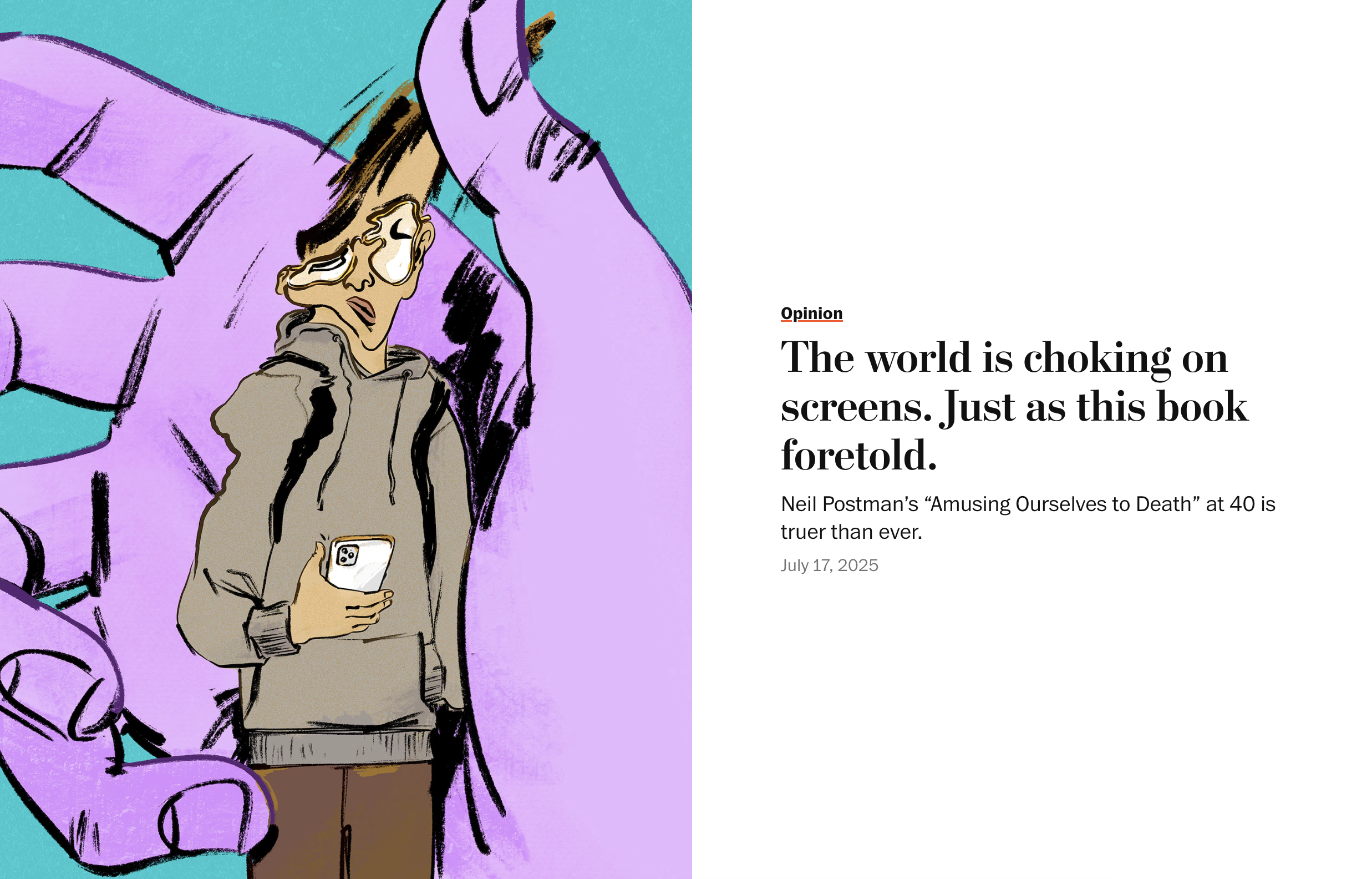 The world is choking on screens. Just as this book foretold.

Illustration by Joseph Rogers.