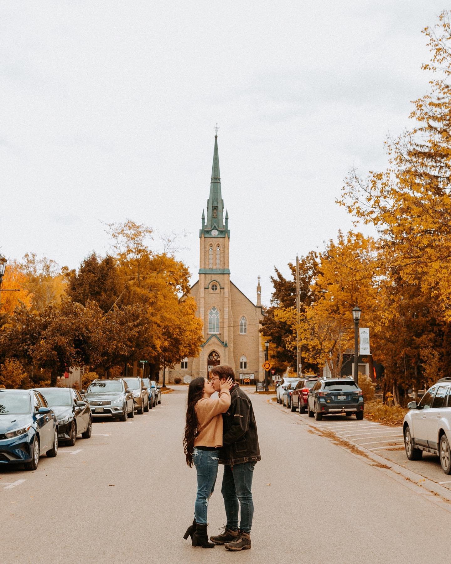 Ryan &amp; Tamera&rsquo;s gorgeous fall engagement is on the blog!
.
We explored Elora Gorge before making our way into town.  As I was driving to our session, I drove passed this street with this church at the end and knew I had to bring them here f